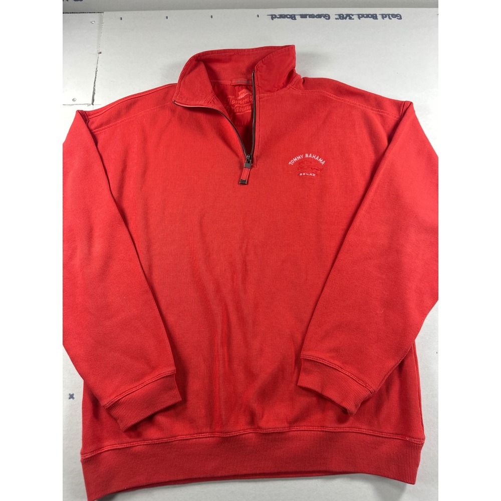 Tommy Bahama Relax Mens XL Red 100% Cotton Quarter Zip Pullover Sweatshirt